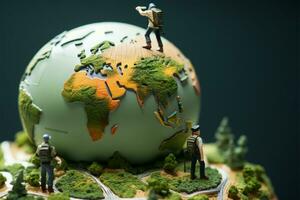 ai généré minuscule aventuriers miniature Les figures sur une globe, fabrication leur façon photo