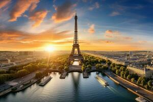 ai généré aérien vue de Eiffel la tour à coucher de soleil, Paris, France, aérien panoramique vue de Paris avec le Eiffel la tour pendant le coucher du soleil dans France, ai généré photo