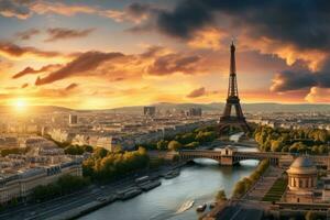 ai généré panoramique vue de Paris de Eiffel la tour à coucher de soleil, France, aérien panoramique vue de Paris avec le Eiffel la tour pendant le coucher du soleil dans France, ai généré photo