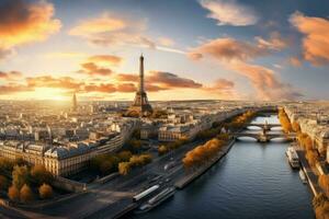 ai généré Eiffel la tour à le coucher du soleil dans Paris, France. aérien voir, aérien panoramique vue de Paris avec le Eiffel la tour pendant le coucher du soleil dans France, ai généré photo