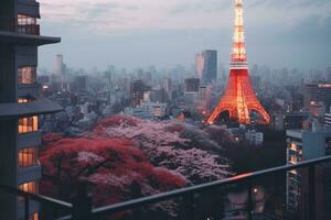 ai généré tokyo la tour et Cerise fleur à crépuscule, Tokyo, Japon, ville vue avec tokyo la tour, Tokyo, Japon, ai généré photo