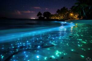 ai généré tropical plage à nuit avec paume des arbres et étoilé ciel, la bioluminescence, nuit plage scène dans le Maldives avec bioluminescent plancton éclairant le ligne de flottaison, ai généré photo