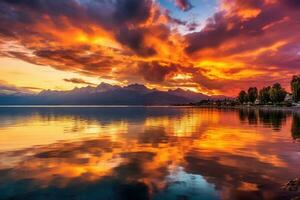 ai généré le coucher du soleil plus de Lac garda dans Italie avec réflexion dans le eau, brillant le coucher du soleil plus de Lac Genève, Suisse, avec d'or des nuages reflétant dans le eau, ai généré photo
