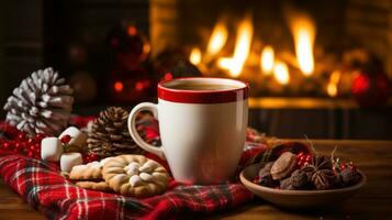 ai généré une confortable Noël scène avec une plaid couverture, une agresser de chaud cacao, et une assiette de Noël biscuits photo