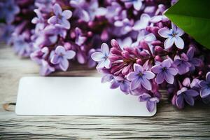 ai généré en bois beauté lilas fleurs présenté avec un vide étiquette toile de fond photo