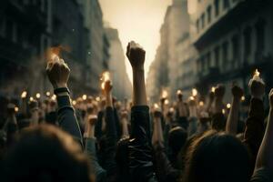 ai généré ville contestation Humain mouvement et manifestation avec les poings élevé concept photo