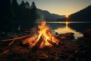 ai généré relaxant feu de camp Extérieur la nature scène avec feu par le Lac photo