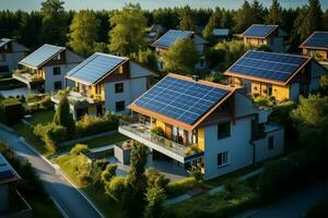 ai généré aérien solaire panorama Maisons équipé avec toit solaire panneau systèmes photo
