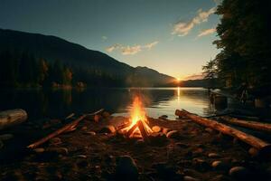 ai généré sauvage aventure Extérieur la nature paysage avec feu, feu de camp, et Lac photo