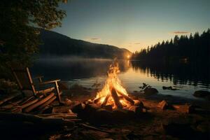 ai généré bord du lac sérénité Extérieur la nature paysage avec une feu et feu de camp photo