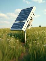 ai généré solaire panneau et deux vent turbines sur le sol photo