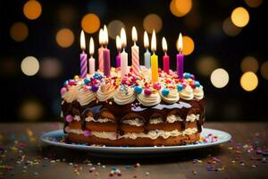 ai généré anniversaire traiter Fait main gâteau tarte avec beaucoup brillant bougies, sucré photo