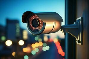 ai généré Sécurité surveillance vidéosurveillance caméra sur une fenêtre avec bokeh lumière photo