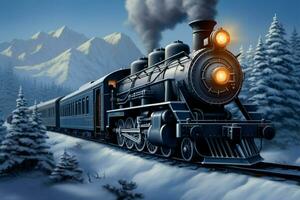 ai généré hiver chemin de fer 3d numérique La peinture capture vapeur locomotive dans neigeux les bois photo