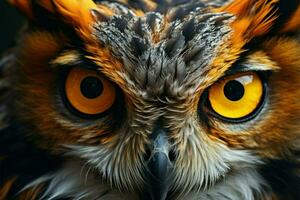 ai généré à plumes regard proche en haut de noir hibou, sauvage chasseur dans la nature photo