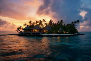 ai généré Maldives le coucher du soleil plage paradis avec coloré ciels, l'eau villas, et tranquillité photo