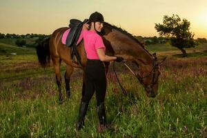 magnifique souriant fille jockey supporter suivant à sa marron cheval portant spécial uniforme sur une ciel et vert champ Contexte sur une le coucher du soleil. photo