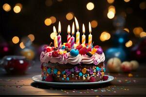 ai généré bougie allumé joie Fait main anniversaire gâteau tarte avec doux, de fête ambiance photo