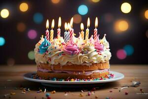 ai généré de fête délice anniversaire gâteau tarte, fabriqué à la main, avec brillant bougies photo
