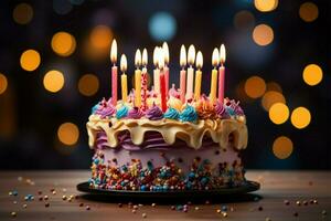 ai généré Fait main délice anniversaire gâteau avec beaucoup brillant bougies, sucré dessert photo