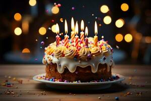 ai généré bougie allumé joie Fait main anniversaire gâteau tarte avec doux, de fête ambiance photo