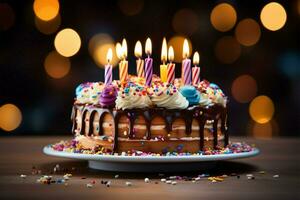ai généré anniversaire traiter Fait main gâteau tarte avec beaucoup brillant bougies, sucré photo