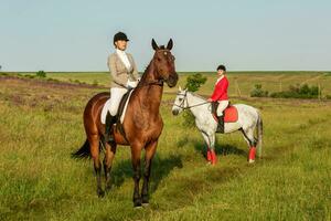 à cheval cavaliers. deux attrayant femmes balade les chevaux sur une vert Prairie photo