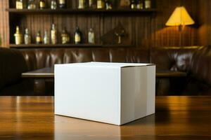 ai généré Facile présentation blanc papier boîte contre une en bois table toile de fond photo