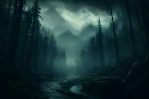 ai généré sinistre ambiance brouillard couvertures le nuit dans une foncé forêt photo