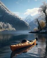 ai généré kayak sur loch ness lac, neigeux et glacé photo