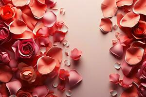 ai généré floral l'amour Valentin Cadre façonné avec Rose fleurs et confettis photo