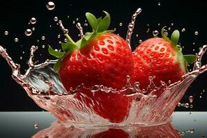 ai généré fruité immersion fraise fait du une éclaboussure dans une verre sur blanc photo
