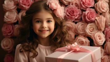 ai généré peu fille en portant une cadeau boîte avec rose des roses photo