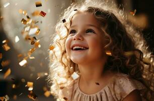 ai généré peu fille souriant et en riant tandis que une argent ballon explose photo