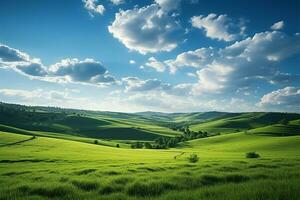 ai généré vibrant panorama vert champ herbe collines paysage dans une réaliste illustration photo