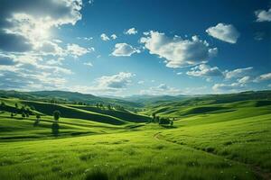 ai généré scénique beauté vert champ herbe collines paysage dans une graphique photo