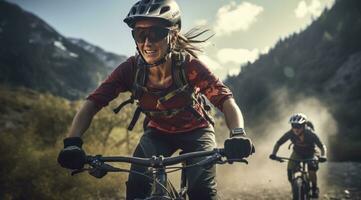 ai généré une femme est équitation une Montagne bicyclette dans le montagnes avec une la personne dans le Contexte photo