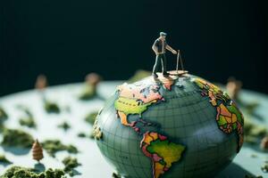 ai généré mondain randonnée miniature les voyageurs supporter sur une globe, traçage leur périple photo