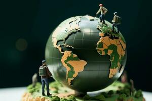 ai généré minuscule aventuriers miniature Les figures sur une globe, fabrication leur façon photo