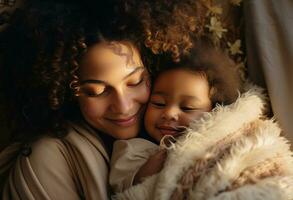 ai généré mère en portant bébé pendant famille journée photo