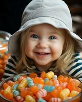 ai généré une de bonne humeur peu fille détient une bol de bonbons, sa visage radieux avec une brillant sourire. génératif ai photo