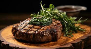 ai généré une grillé steak séance sur une en bois tableau, photo