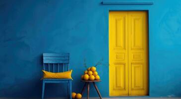 ai généré une bleu et Jaune porte et chaise contre une bleu mur photo