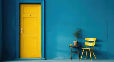 ai généré une bleu et Jaune porte et chaise contre une bleu mur photo