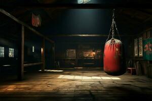 ai généré rétro faire des exercices espace vieux ancien Gym avec une boxe cuir photo