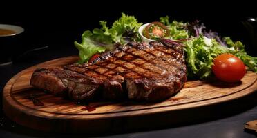 ai généré une nervure œil steak sur une en bois assiette avec une vert salade photo