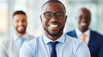 ai généré une professionnel noir homme avec des lunettes et une affaires costume, souriant en toute confiance. génératif ai photo