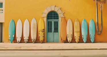 ai généré une coloré gang de le surf planches est penché contre une en bois porte photo