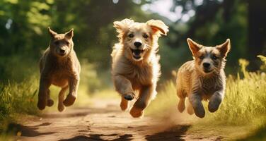 ai généré chiens courir dans herbe et chats courir sur le de face Cour photo