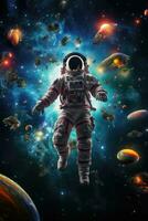 ai généré astronaute dans vif espace, entouré par étoiles et planètes, offre cosmique copie espace photo